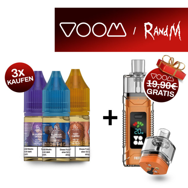 3x RandM Liquid + VOOM Fiery Pod Kit Orange Gratis