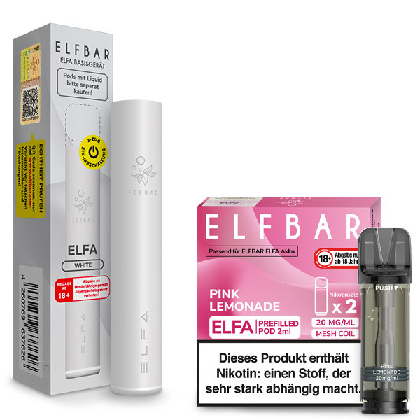 ELFBAR ELFA Pod Kit 500 mAh Akku - White + ELFA Pink Lemonade 20mg Nikotin 2er Pack