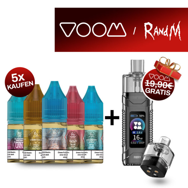 5x RandM Liquid + Voom Fiery Akkuträger Gratis