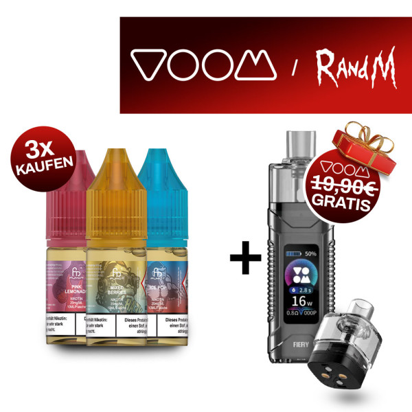 3x RandM Liquid + Voom Fiery Black Akkuträger Gratis