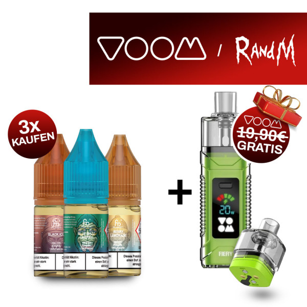 3x RandM Liquid + VOOM Fiery Pod Kit Green Gratis