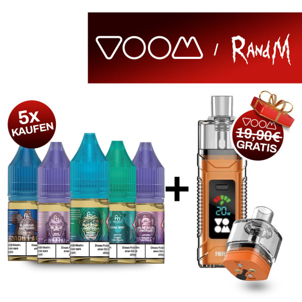 5x RandM Liquid + VOOM Fiery Pod Kit Orange Gratis