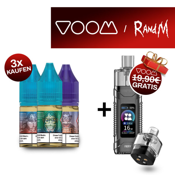 3x RandM Liquid + VOOM Fiery Pod Kit Black Gratis
