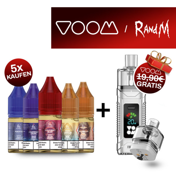 5x RandM Liquid + Voom Fiery Akkuträger Gratis
