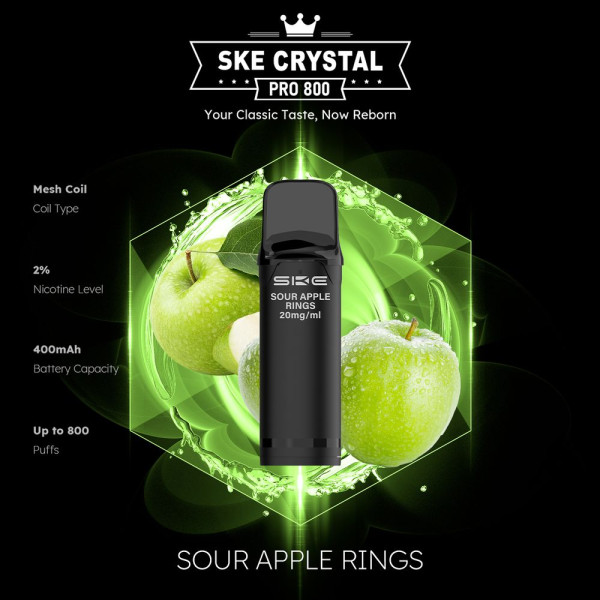 SKE Crystal Pro 800 - Sour Apple Rings - 20mg Nikotingehalt