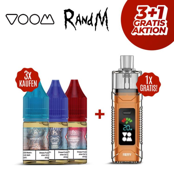 3x RandM Liquid + Voom Fiery Kit Gratis