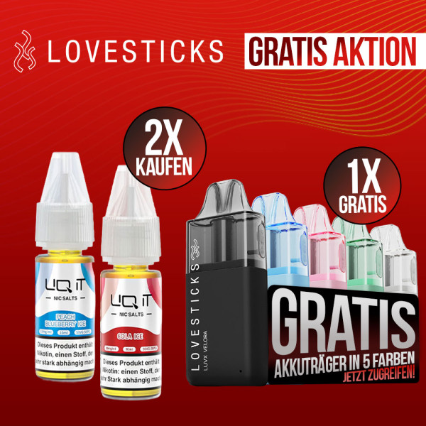 2+1 Aktion: 2 LIQ IT Liquid 20mg/ ml + Lovestick LUVX Velora Pod Kit Gratis