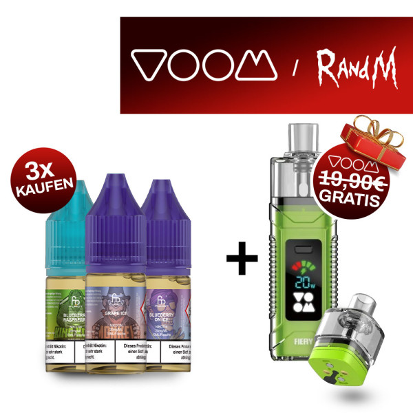3x RandM Liquid + VOOM Fiery Pod Kit Green Gratis