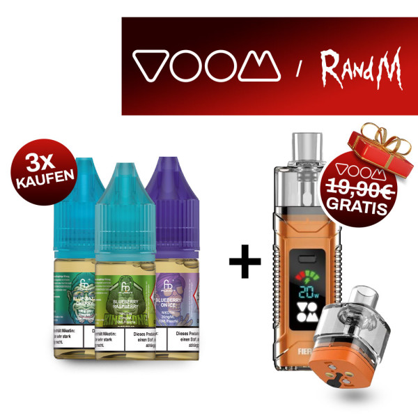 3x RandM Liquid + VOOM Fiery Pod Kit Orange Gratis