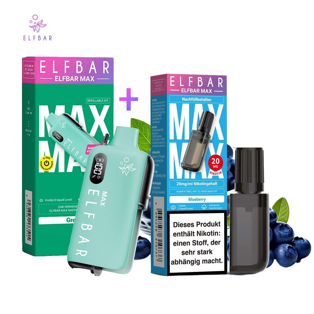 elfbar max pod einsetzen Green Kit + Blueberry elfbar pod nachfüllen Elfbar Max Pod Kit E-Zigarette E-Liquid-Geschmack:Triple Mango
