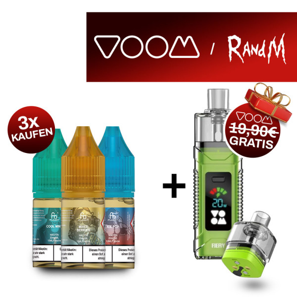 3x RandM Liquid + Voom Fiery Green Akkuträger Gratis