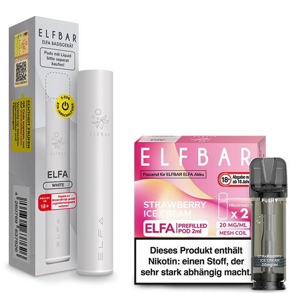 ELFBAR ELFA Pod Kit 500 mAh Akku - White + ELFA Strawberry Ice Cream 20mg Nikotin 2er Pack
