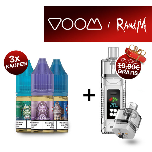 3x RandM Liquid + Voom Fiery White Akkuträger Gratis