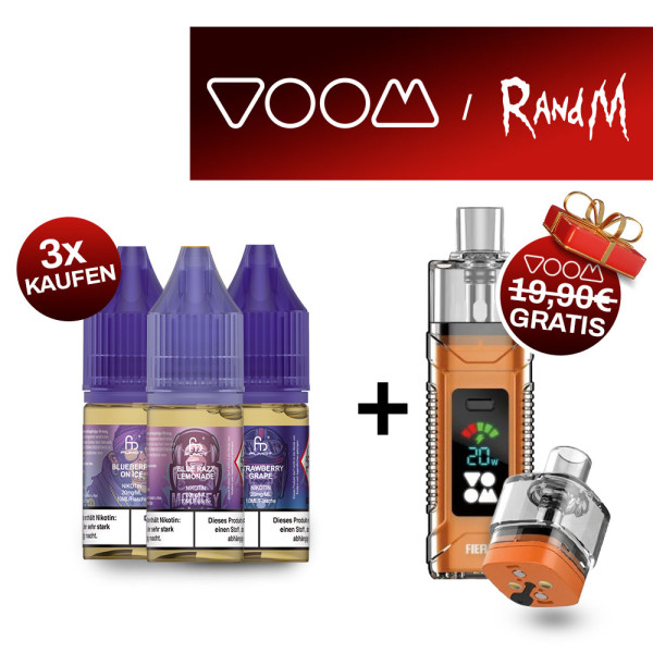 3x RandM Liquid + Voom Fiery Orange Akkuträger Gratis