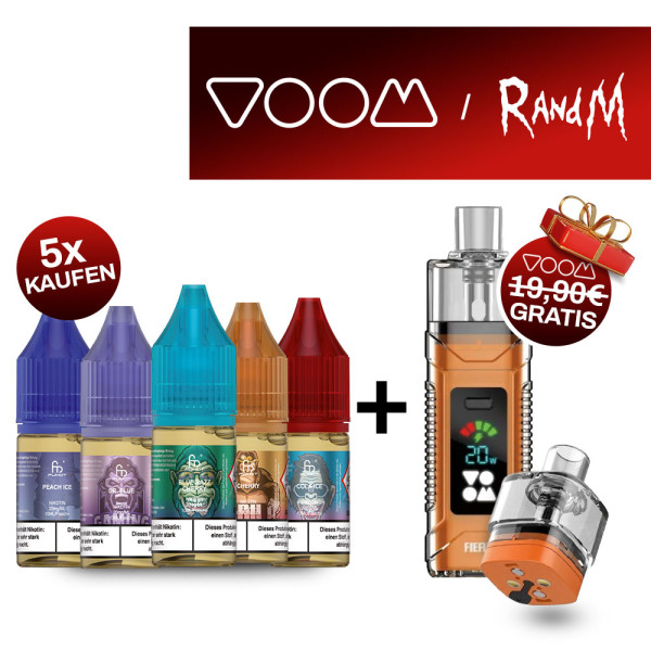 5x RandM Liquid + Voom Fiery Akkuträger Gratis