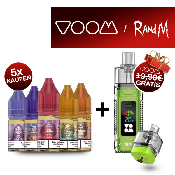 5x RandM Liquid + Voom Fiery Akkuträger Gratis