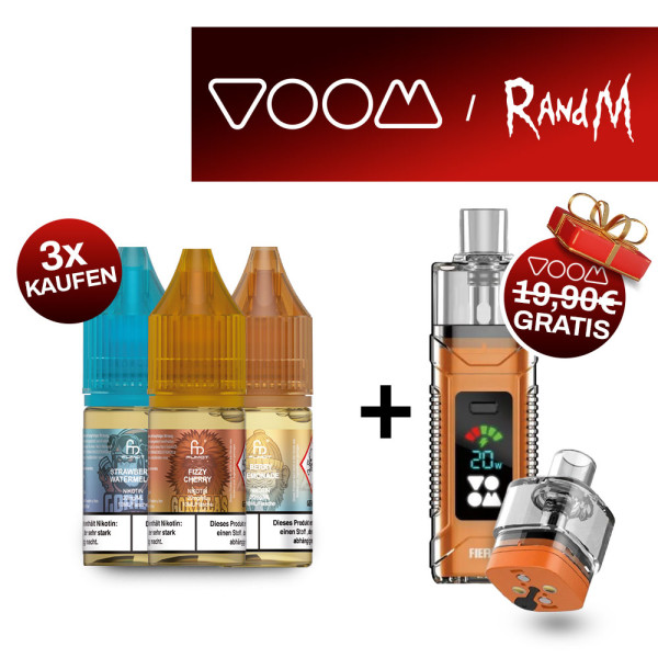 3x RandM Liquid + VOOM Fiery Pod Kit Orange Gratis