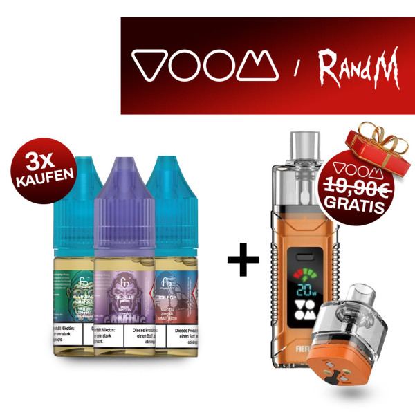 3x RandM Liquid + VOOM Fiery Pod Kit Orange Gratis